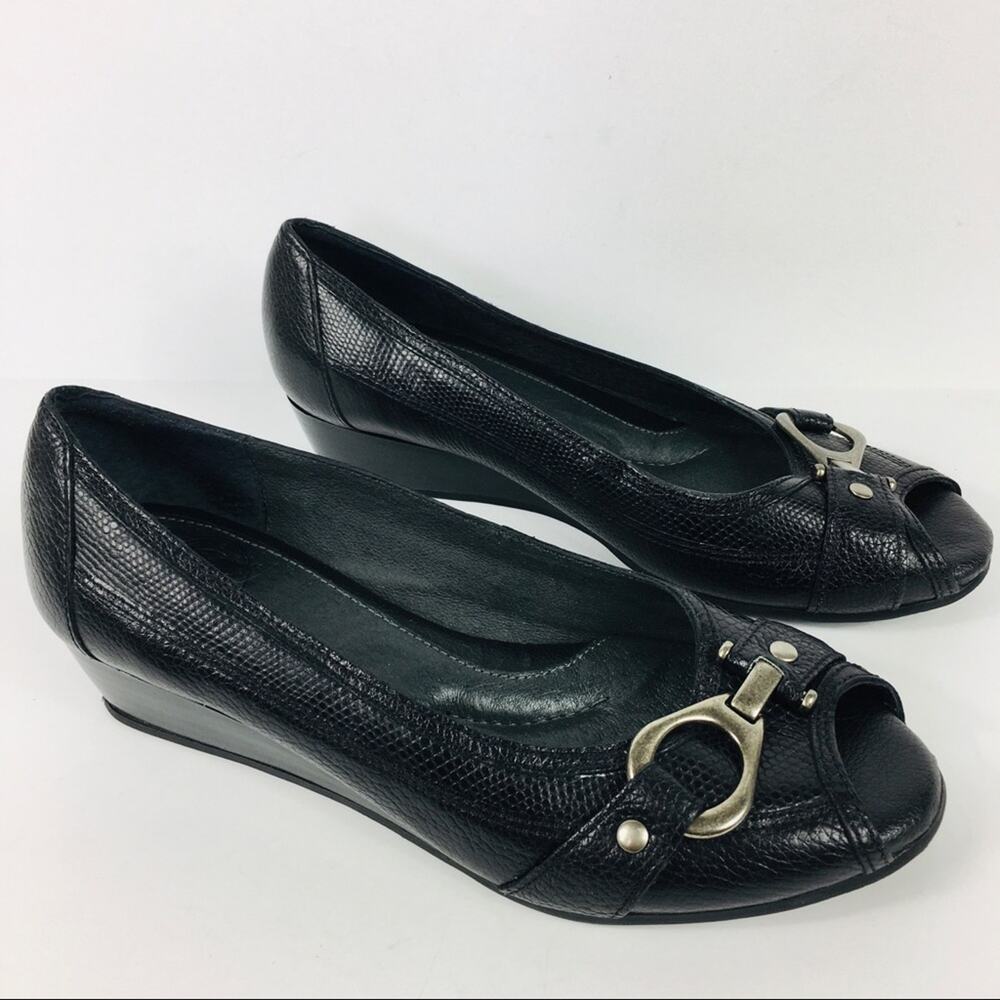 Nurture open toe wedge heel black leather size 6.5